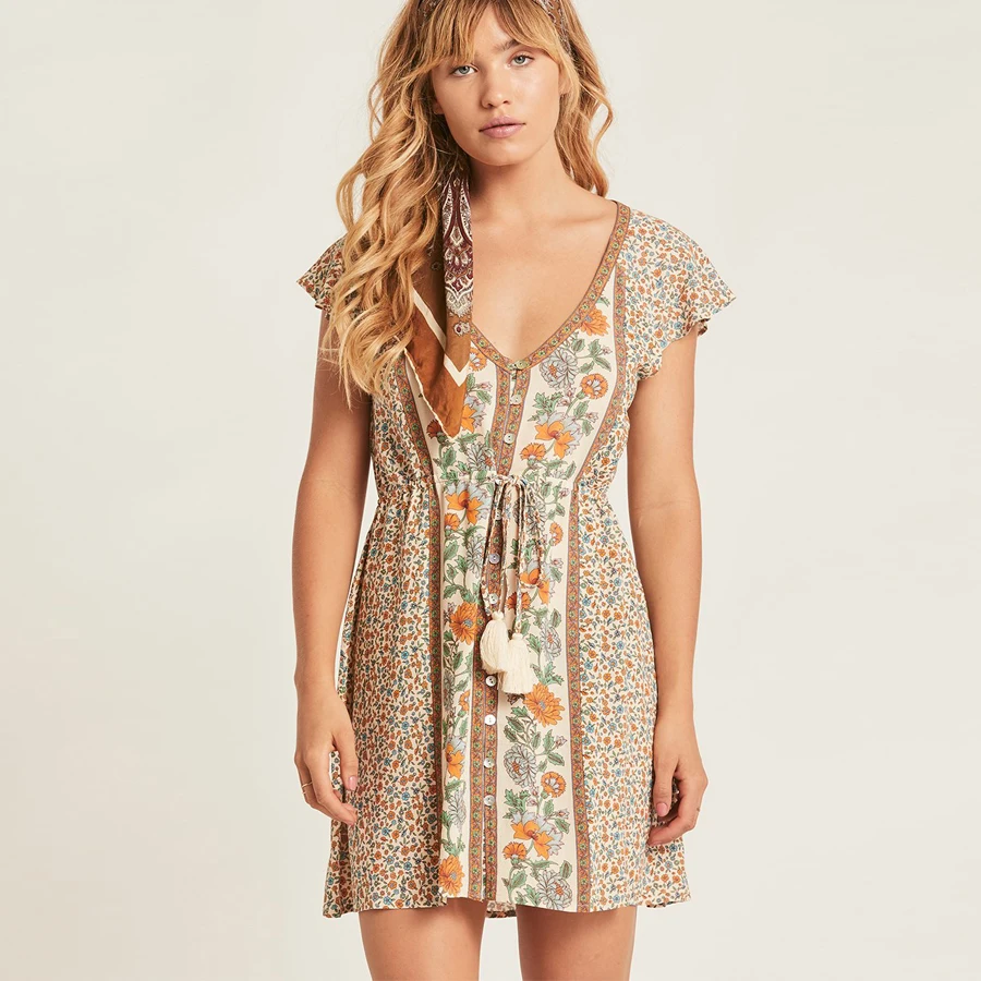 Женское короткое платье с цветочным принтом TEELYNN красное шифоновое мини v