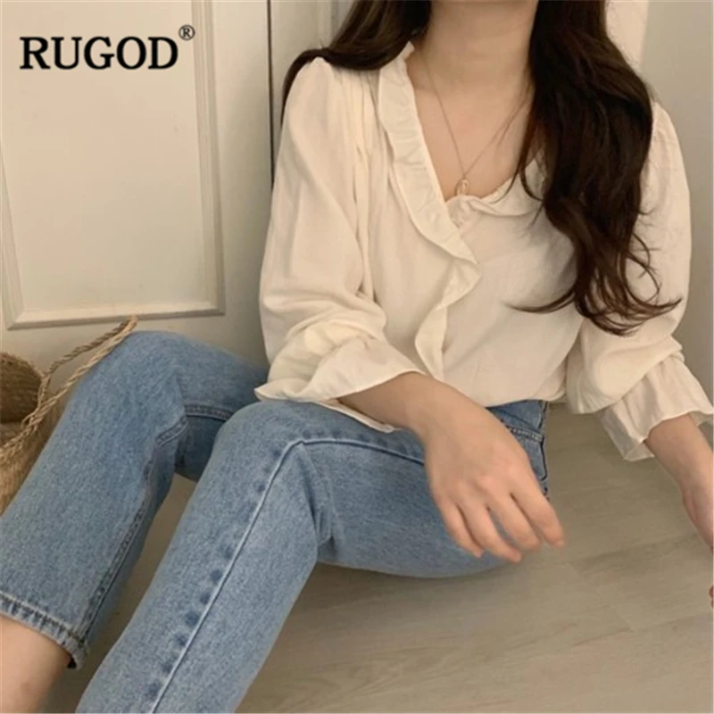 RUGOD/Новинка женские блузки с расклешенными рукавами и v образным вырезом белые