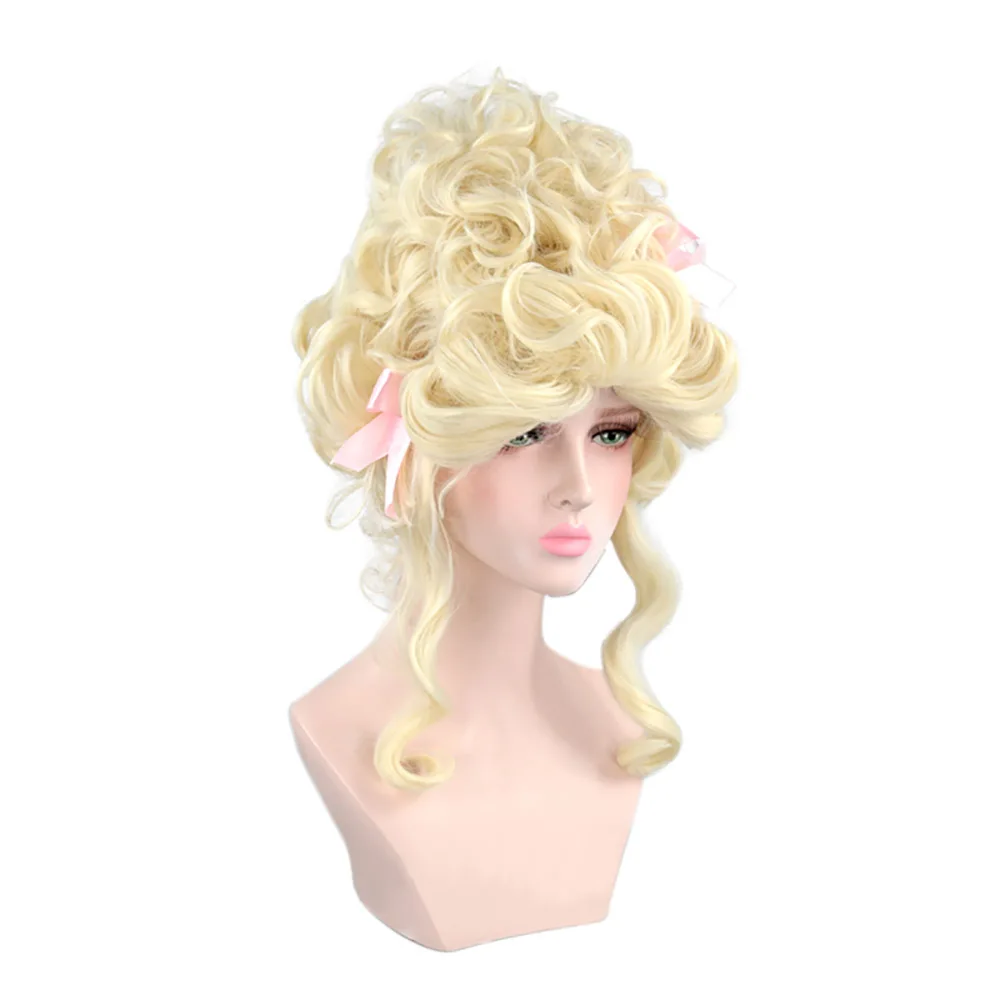 Роскошный блонд Marie Antoinette парик с розовые ленты, кудрявые волосы для взрослых женщин 18 век театральный парик