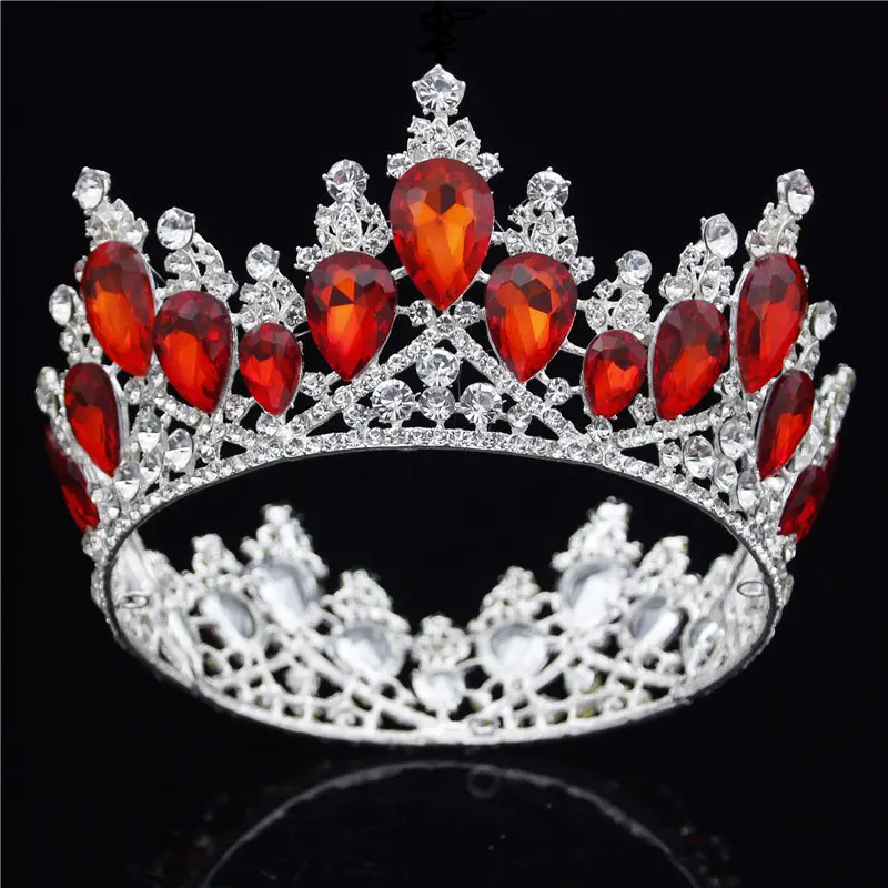 Silver Red Потрясающая Серебряная кристальная полная круглая Корона невесты, роскошная свадебная диадема, корона для невесты, ювелирные украшения для волос, аксессуары - Окраска металла: Silver Red