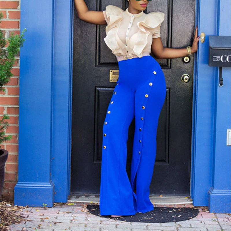 2019 модные брюки палаццо с пуговицами сбоку женские высокой талией летние
