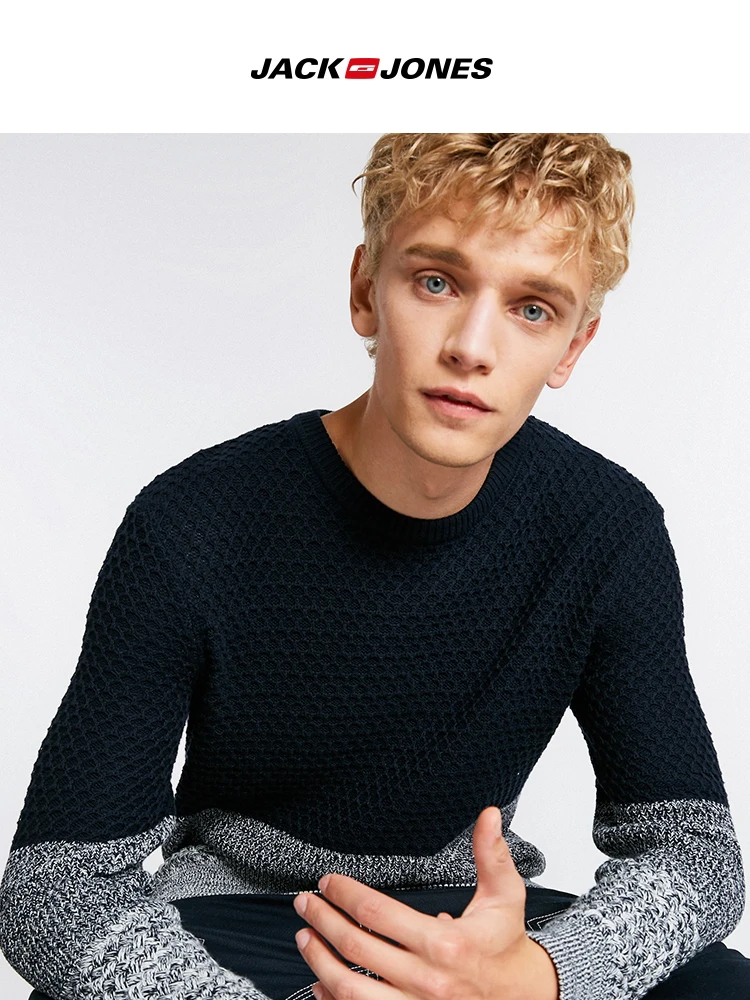 JackJones осенний мужской удобный хлопковый индивидуальный цветочный тканый свитер с круглым вырезом, Повседневный свитер, мужская одежда 218324542
