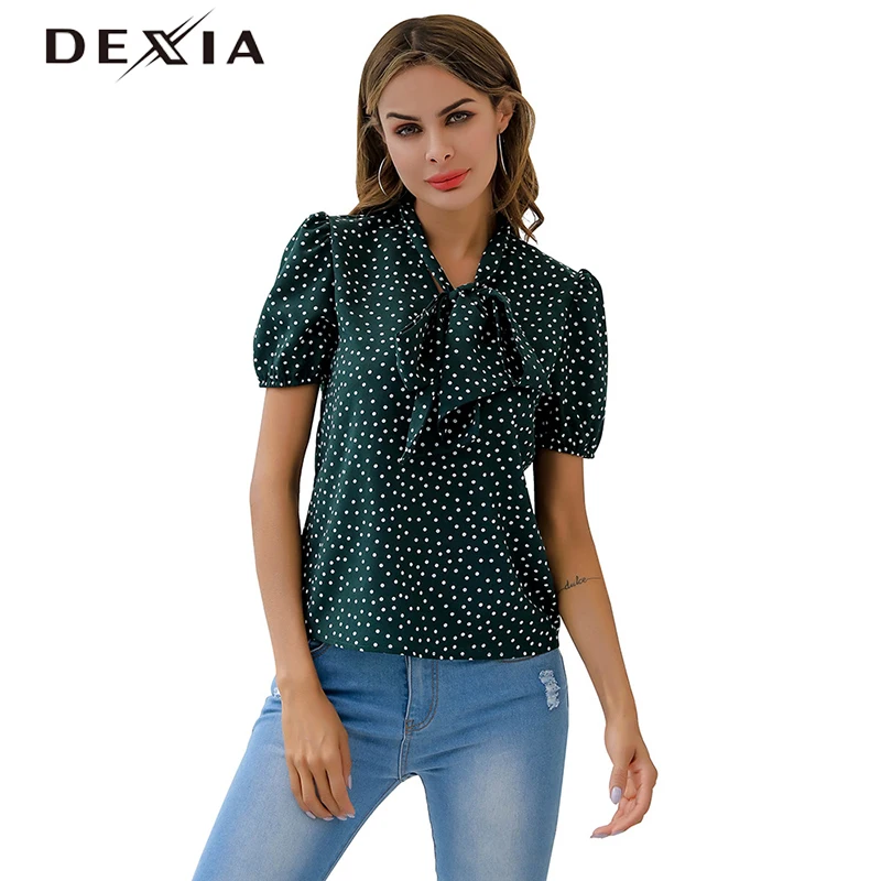 DEXIA/Летняя пикантная блузка с бантом для женщин вечерние рубашки короткий рукав