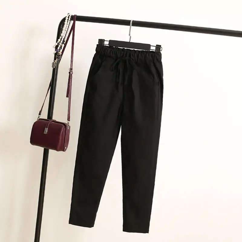 

New Spring Summer Casual Loose Harem Pants Women Drawstring Waist Cotton Linen Women Pants Sweatpants Black Pants Trousers C5315