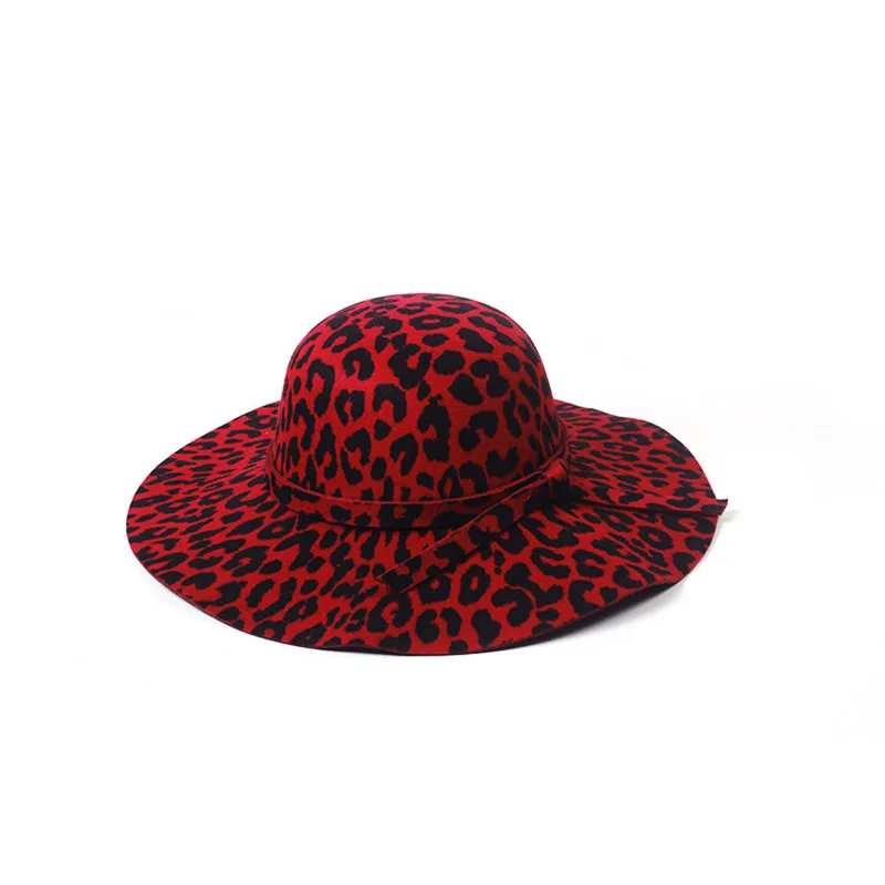 Leopard Red Осенне-зимние шляпы от солнца с широкими полями, шерсть, элегантные винтажные,, женские, украшенные бантом, леопардовые Пляжные шапки S501 - Цвет: Leopard Red