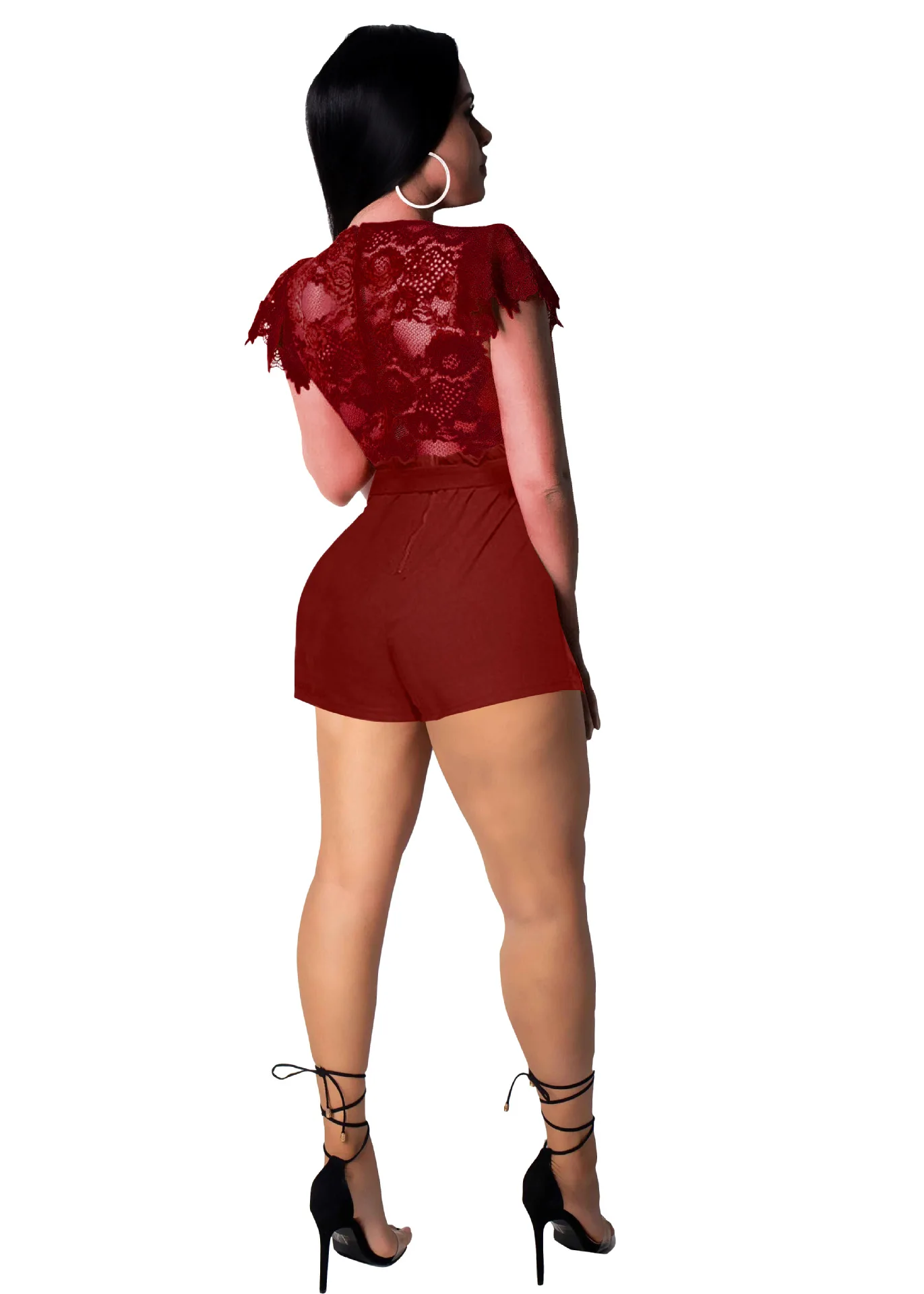 Sexy Sheer Partchwork Lace Party Club Jumpsuit Casual Short Sleeve Hollow Out Outfit Rompers Office Lady Overalls Short Playsuit