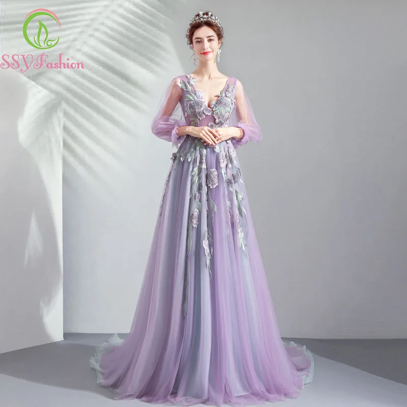 Женское вечернее платье со шлейфом SSYFashion элегантное фиолетовое длинное с