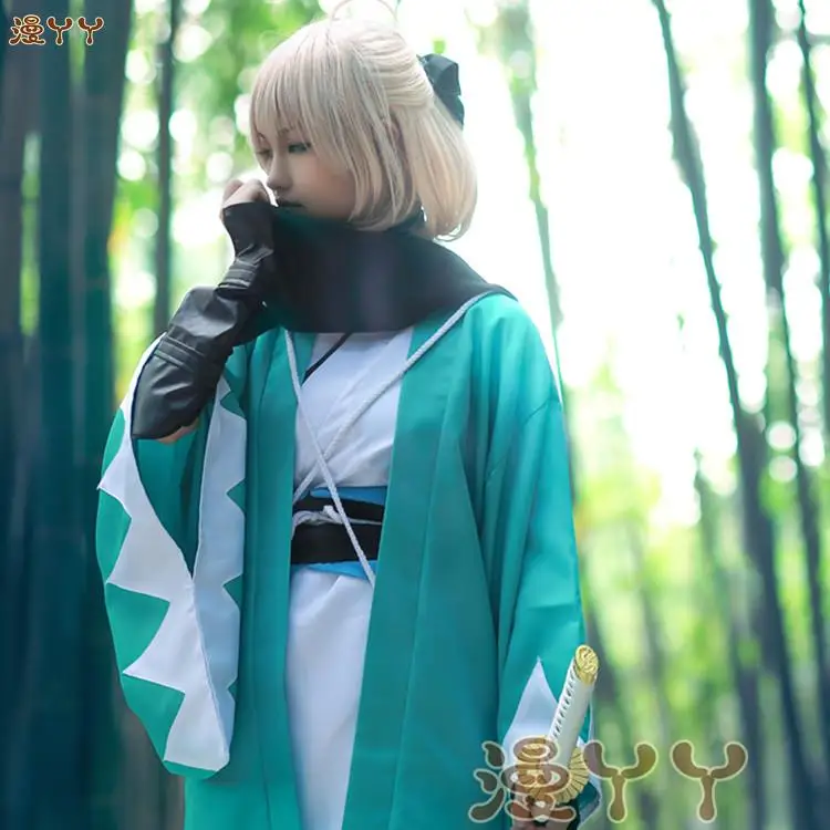 Женское кимоно для косплея Okita Souji Cos зеленое аниме Fate/Grand Order Сакура саблей