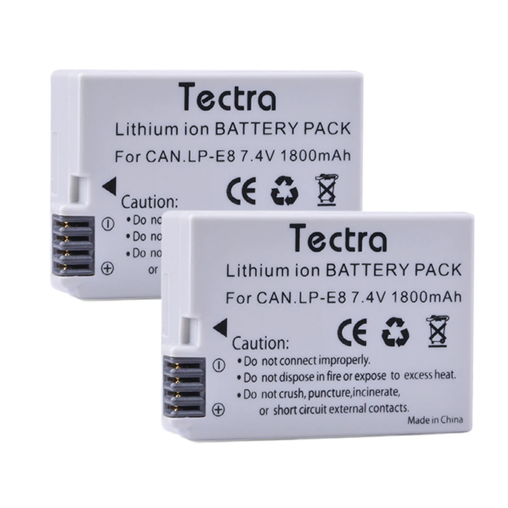 

Аккумулятор Tectra, для камеры Canon EOS 550D 600D 650D 700D Rebel X4 X5 X6i X7, LP E8 LPE8 2 шт./упак. 7,4 В/1800 мАч