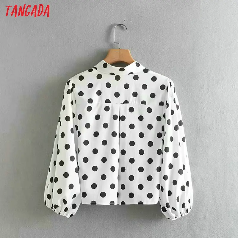 Tangada корейские шикарные женские рубашки в горошек блузки Короткие стильные ретро свободные женские короткие топы с рукавами-фонариками XN233