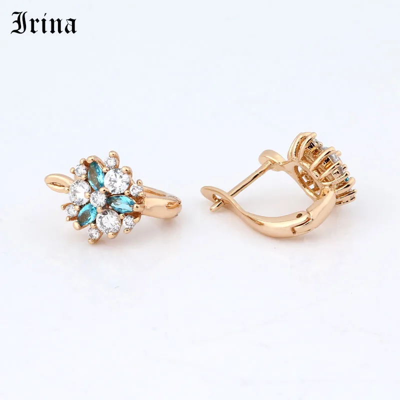 Женские серьги подвески с цветком Irina Разноцветные золотистого цвета фианитом