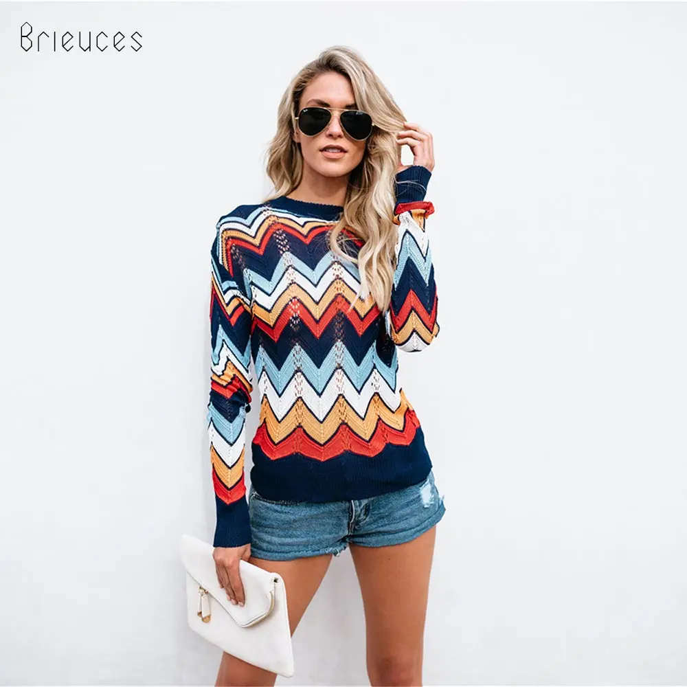 Brieuces autumn winter knitted sweater pullover Women loose full sleeve hollow Runway rainbow sweet Sweater street star | Женская одежда