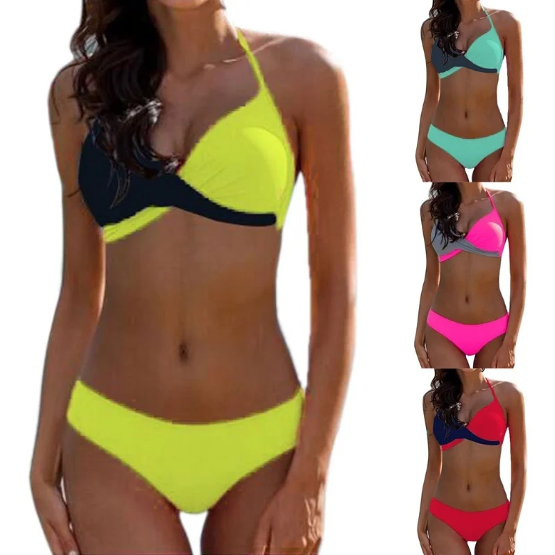 

Solid Women Sexy Color Block Bandage Push-UP Padded Bra Halter Swimsuit Bikini Set 2019 New Triangle Reversible Bathing Suit