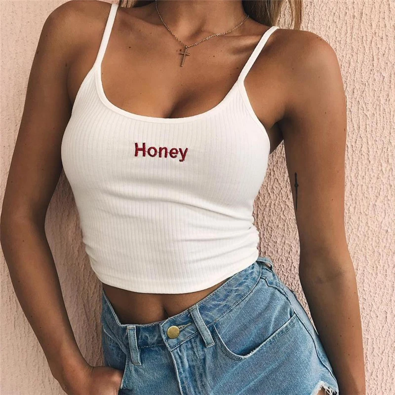 Женские майки на бретелях с надписью Honey коллекция 2018 года женские укороченные