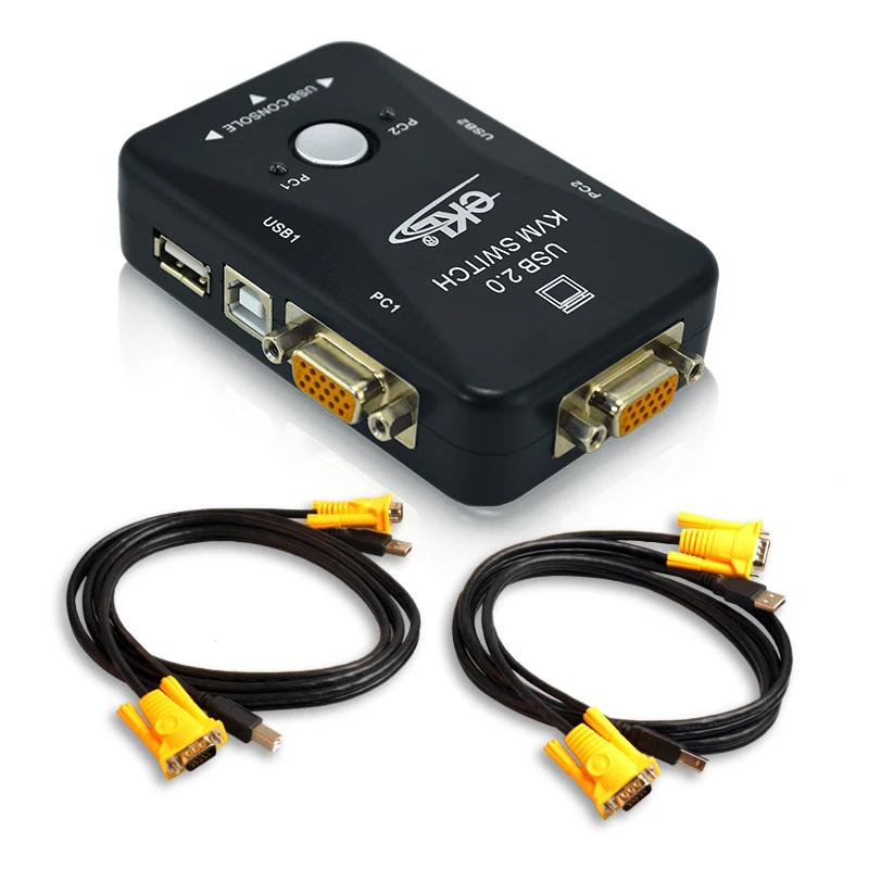 EKL 2 порта KVM USB VGA переключатель коробка с кнопкой управления включает кабель