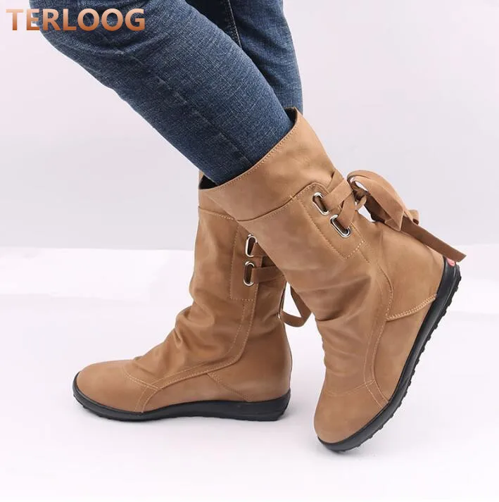 Г. Новые женские повседневные зимние ботинки теплые однотонные ботинки до середины икры на низком каблуке на шнуровке из pu искусственной кожи женская обувь X646