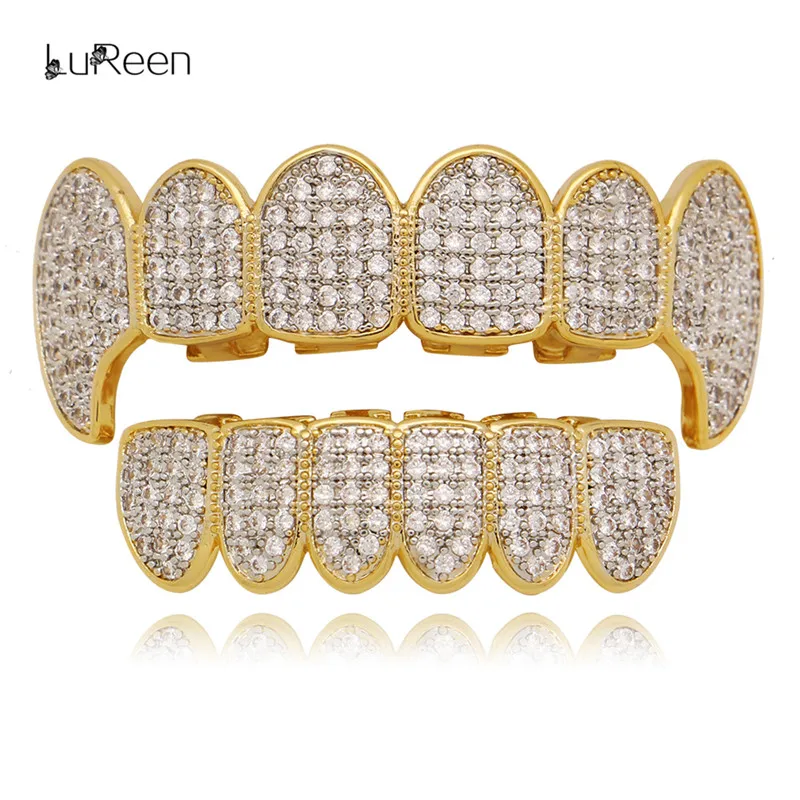 LuReen микро Pave кубический циркон золотые зубы гриллстоп и дно Iced Out грили стоматологический вампир Клык грили ювелирные изделия