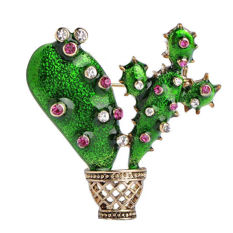 Зеленая эмалированная брошь кактус Дамская кристальная бутоньерка на костюм