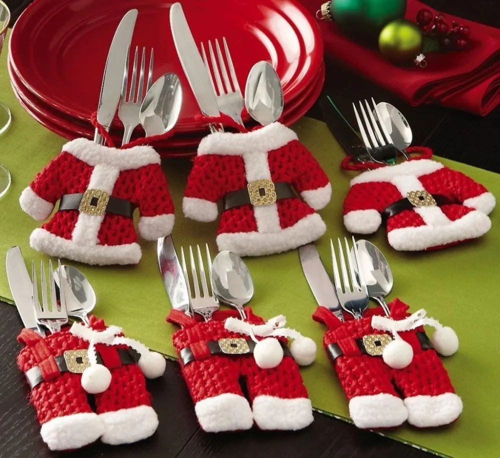 6pcs/set Cute Cutlery Tableware Knife Fork Holders Santa Clothes Silverware Bags Suit Christmas Decorations Party 99