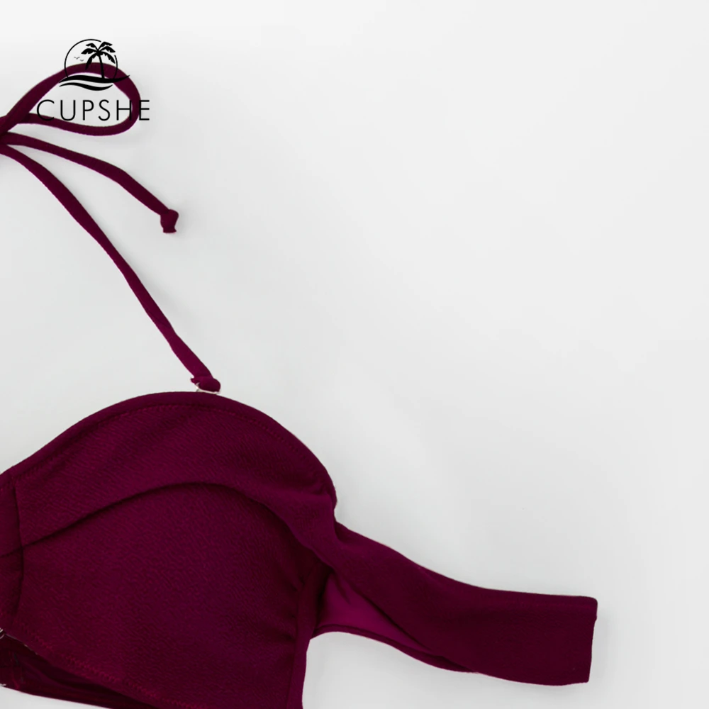 Женский купальник бикини CUPSHE бордовое с высокой талией и цветочным принтом