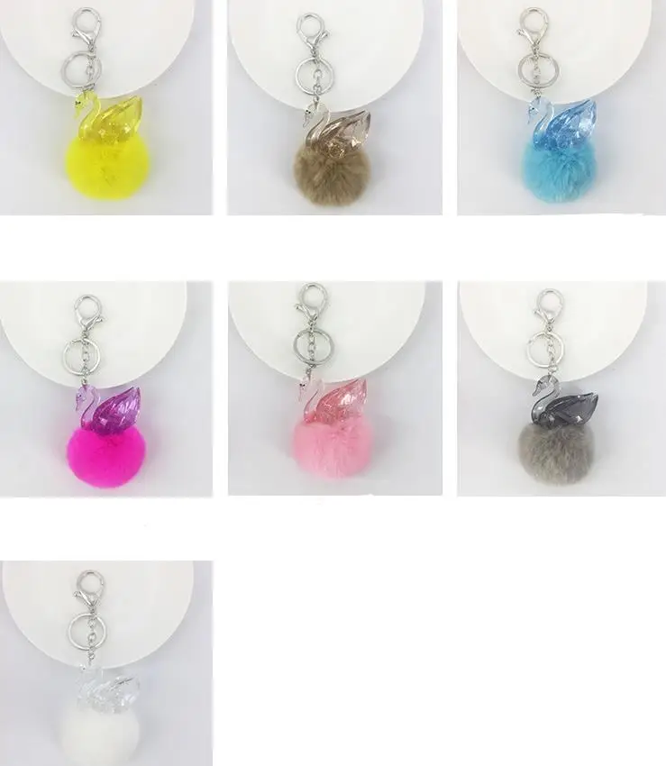 

Party Favor Keyring Pompom Keychain Charm Ball Acrylic Swan Real Rabbit Fur 6cm Ball Genuine Soft Fluffy Purse Pendant Presents