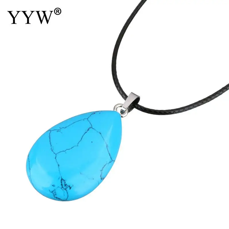 blue turquoise Лидер продаж YYW женский натуральный драгоценный камень КАПЛЕВИДНАЯ кожа веревочное ожерелье-чокер Малахит кварц опал розовый камень кулон ожерелье s - Окраска металла: blue turquoise
