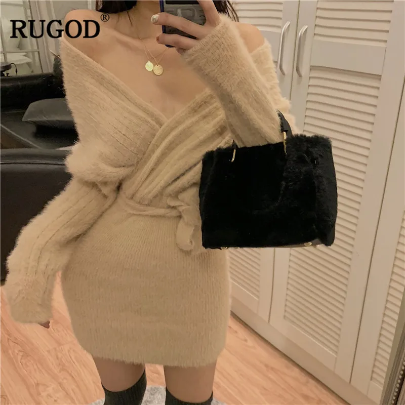 RUGOD однотонное повседневное женское платье-свитер платье-футляр с v-образным