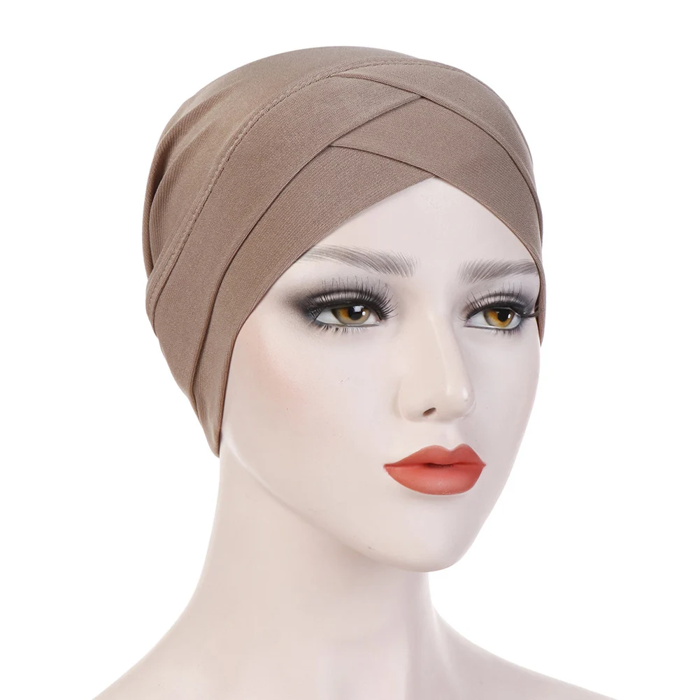 

2020 Women's Elegant Stretchy Hat Turban Forehead Cross India Hat Head Wrap Chemo Hat Solid Color Bandana Muslim Scarf Hijab Cap