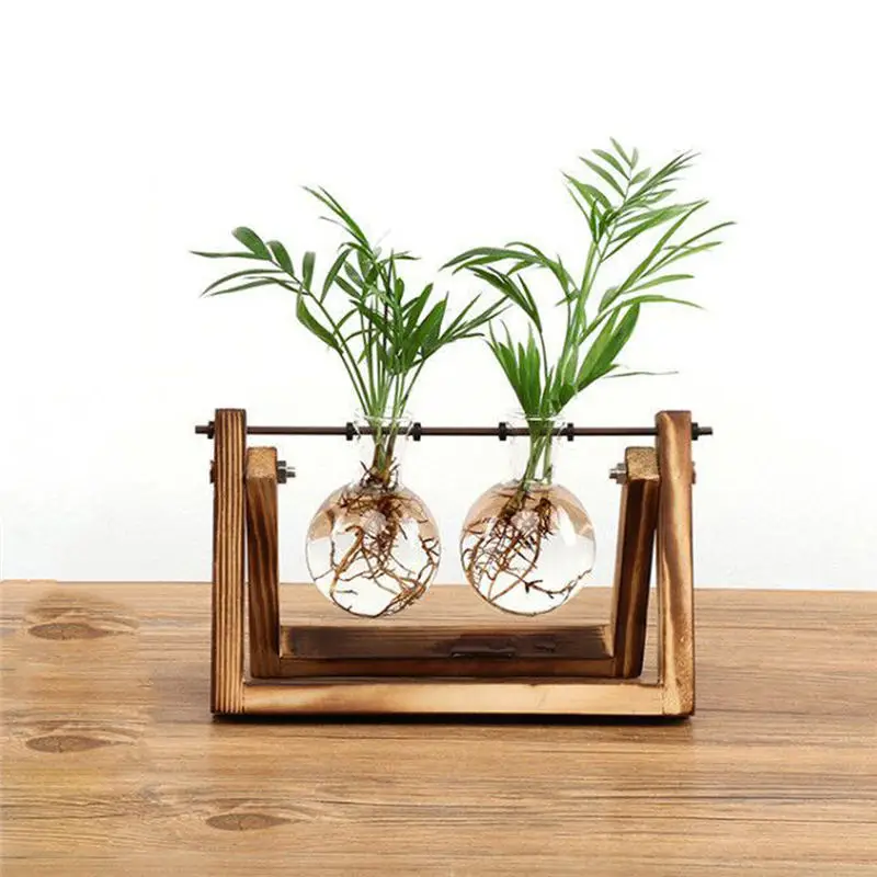 Glass and Wood Vase Planter Terrarium Table Desktop Hydroponics Plant Bonsai Flower Pot Hanging Pots with Wooden Tray Home Decor | Дом и сад