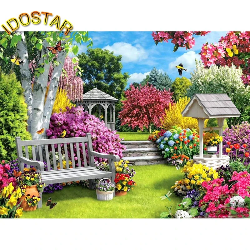 Полностью круглая алмазная живопись пейзаж сад 5d цветок квадратные стразы