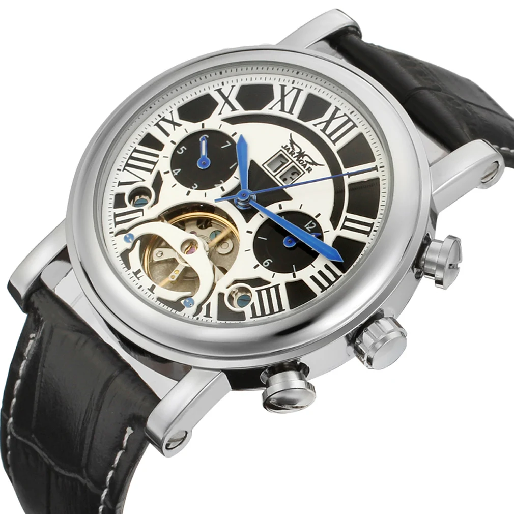

Fashion Jaragar Top Brand Automatic Mechanical Men Tourbillon Working Sub-dials Dial Leather Strap Luxury Roman Wrist Watches