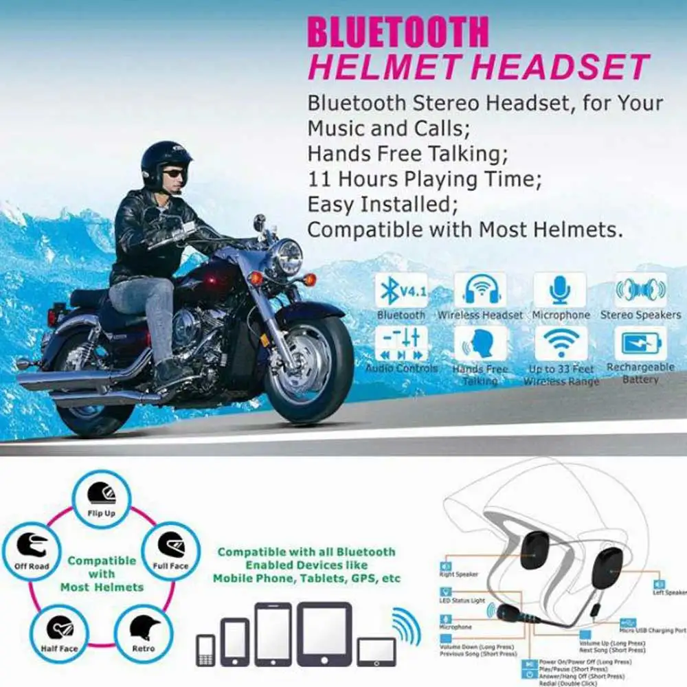 Bluetooth 4 0 мотоциклетный шлем гарнитура Autobike стерео наушники Динамик Авто музыка