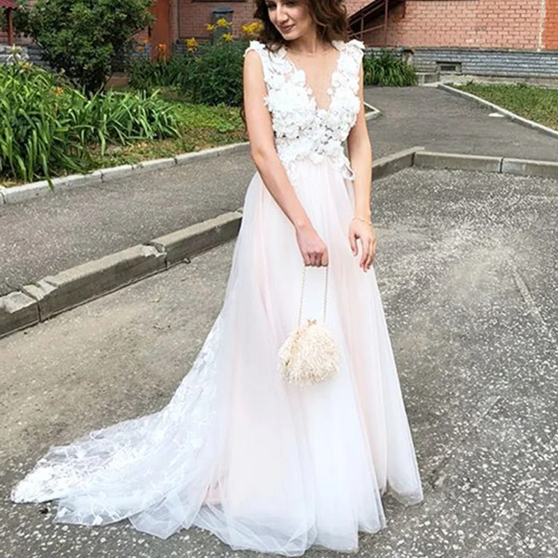 

new A Line Wedding Dresses Beach Robe de soiree Vintage Lace 3D Flowers Top Sexy Women Boho Tulle Long Bridal Dress