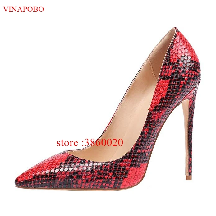 12cm VINAPOBO/женские туфли-лодочки из матовой кожи со змеиным принтом; цвет красный, черный; вечерние туфли на высоком каблуке-шпильке с острым носком; пикантные офисные свадебные туфли - Цвет: 12cm