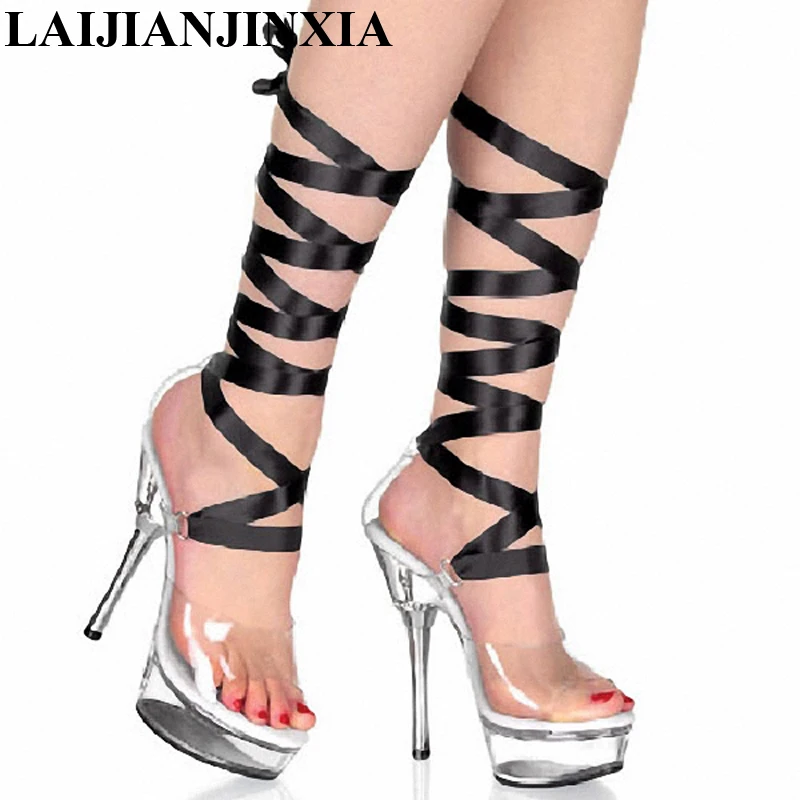 

LAIJIANJINXIA Unique design 14 cm high heel sandals, cross bandage sandals, banquet princess photo Dance Shoes M-005