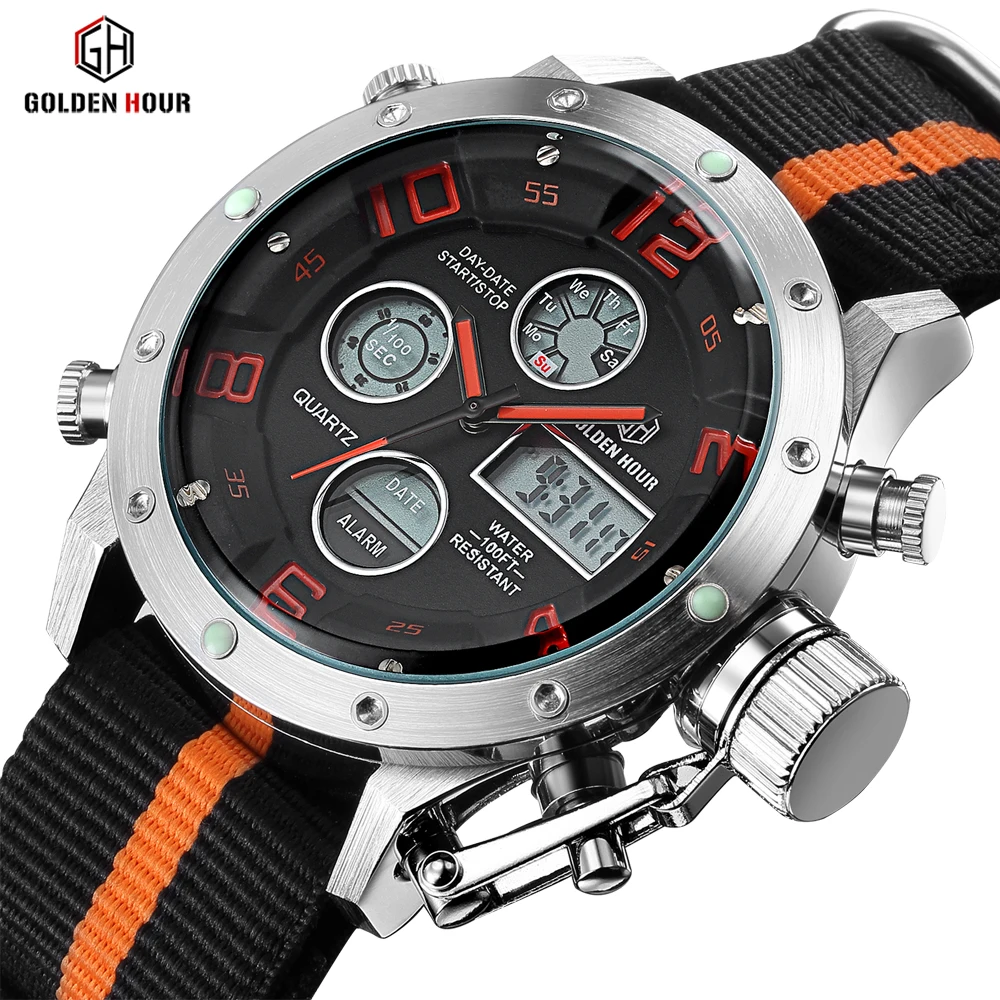 Reloj Hombre GOLDENHOUR спортивные холщовые ремни Автоматические Мужские часы с цифровым