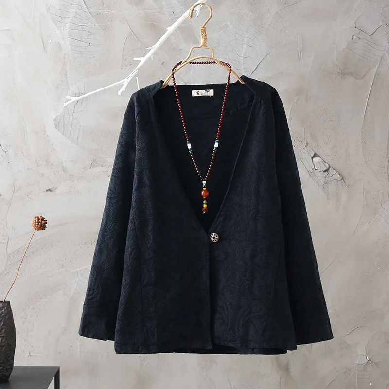 Summer New Women blazer 2018 Retro Jacquard Buckle V-Neck Cotton Ladies Casual Fashion Long sleeve Printing women | Женская одежда