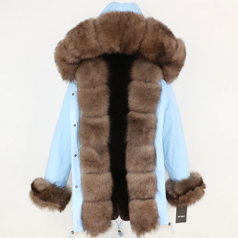 OFTBUY, пальто с натуральным мехом, зимняя куртка, женские длинные парки, натуральный Лисий мех, Отделка капюшона, толстая теплая верхняя одежда, уличная одежда, съемная - Цвет: light blue brown