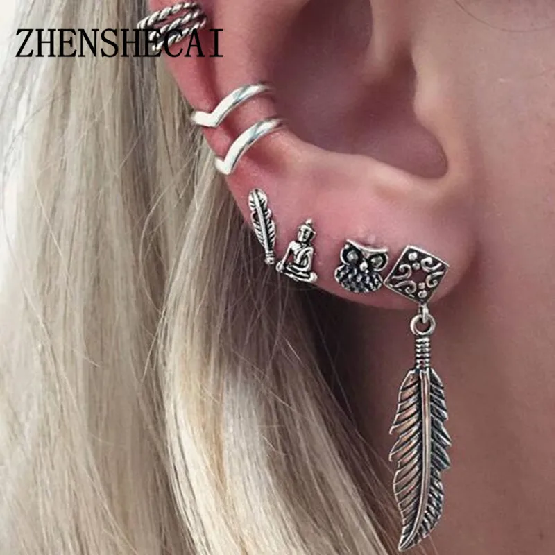 Женские серьги-каффы в стиле панк рок с цепочкой виде листика кисточками