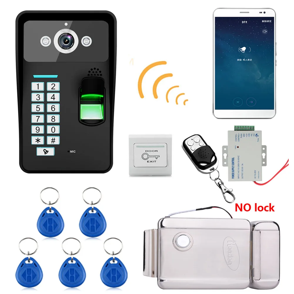 

MOUNTAINONE 720P Wireless WIFI RFID Fingerprint Recognition Video Door Phone Doorbell Intercom System + Electronic Door Lock