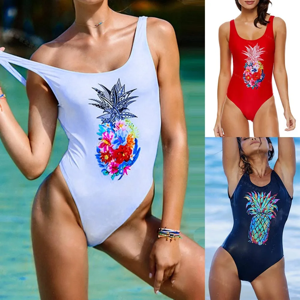 Летние женские разноцветные с рисунком ананаса белый и красный цвета пуш ап