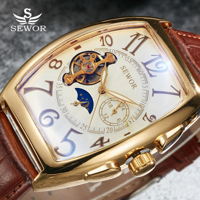 Часы мужские механические золотистые с ремешком из натуральной кожи|wristwatch mens