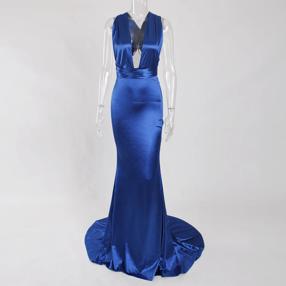 Черное атласное платье длиной до пола с открытой спиной элегантное русалки