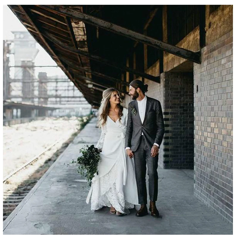 LORIE White Boho Wedding Dresses Lace Flare Sleeves V Neck Princess Bride Dress Floor Length Gown 2019 | Свадьбы и торжества