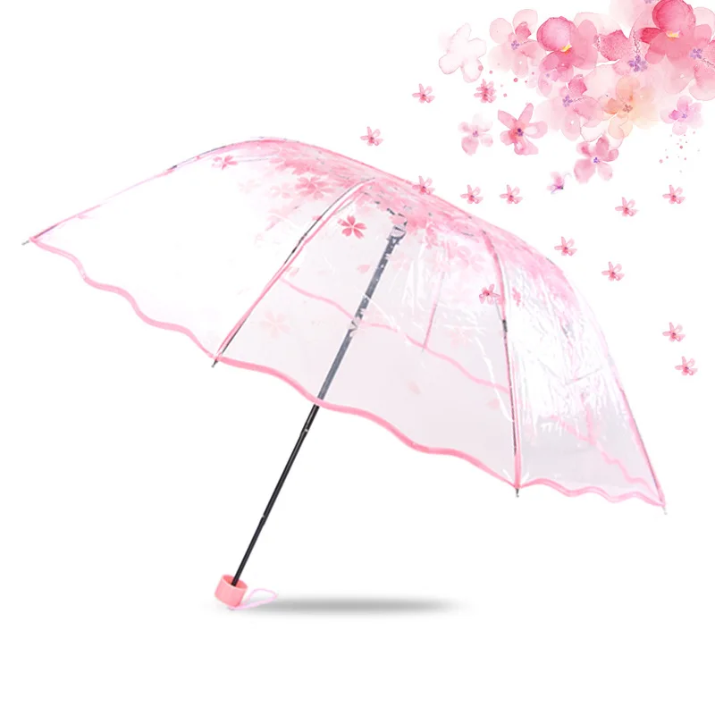 Женский прозрачный зонт Apollo cherry blossom складной в три сложения Корейский Японский