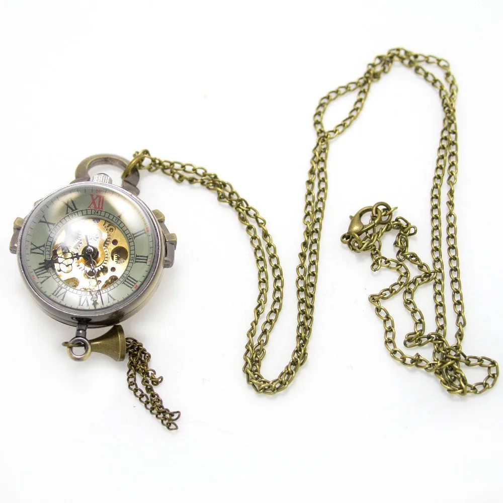 Antique Rolling Ball Design Roman Numerals Automatic Mechanical Pocket Watch Vintage Steampunk Necklace Pendant Fob Chain Clock