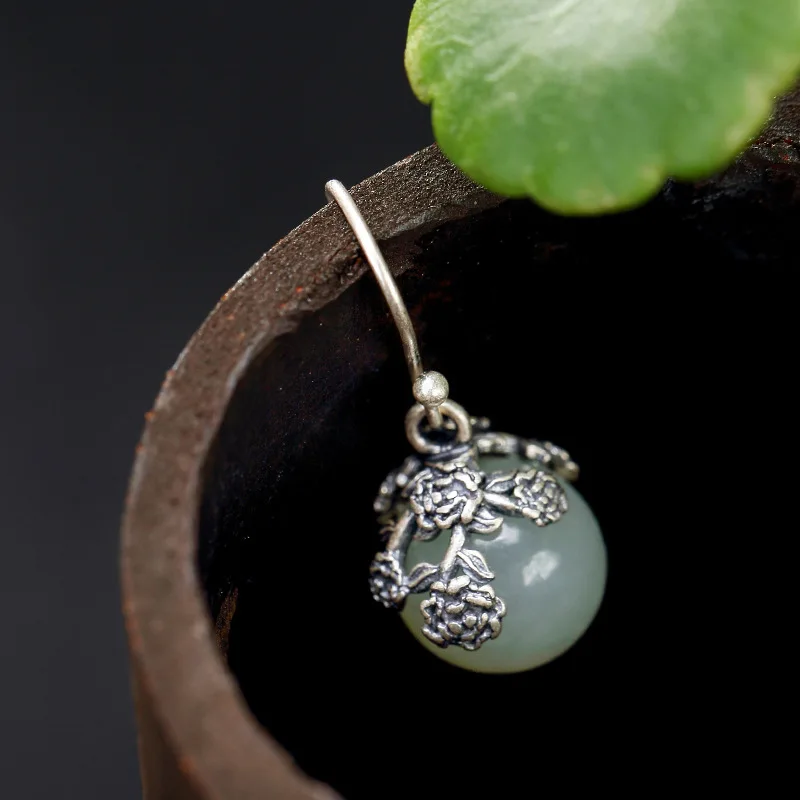 2018 Promotion Time-limited Brinco S925 Pure Antique Inlaid Natural Hetian Jade Bead Lady High-end Earrings Wholesale | Украшения и
