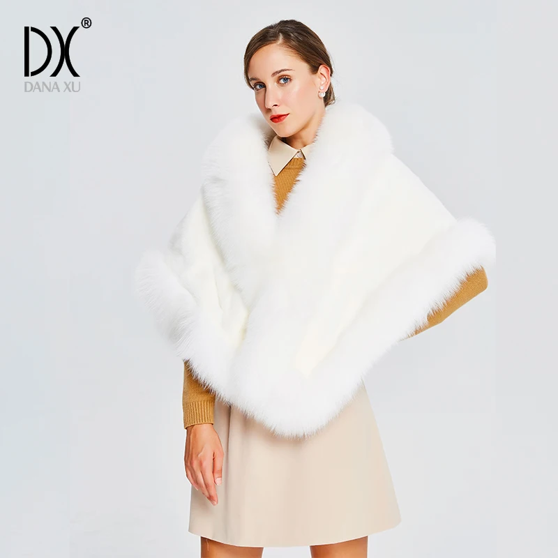 Зимняя шаль из искусственного пончо с лисьим мехом для холодной погоды большой