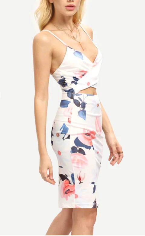 Передняя выдалбливают strappy wrap цветочный принт dress женщины элегантный