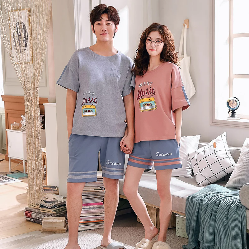 Комплект хлопковых пижам для пар с милым принтом летние пижамы женщин домашняя
